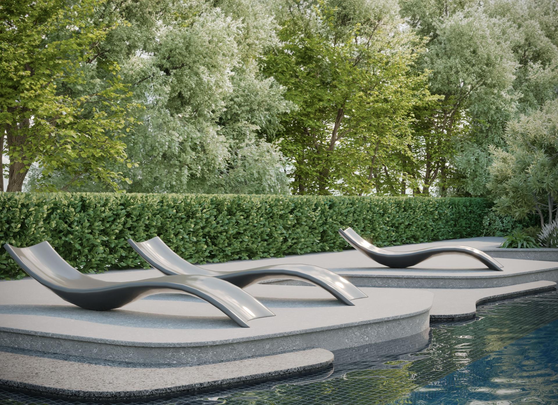 Modern Luxury Pool with Futuristic Tanning  Beds and Lanscape Scenery. 3D Rendering